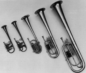 A set of over-the-shoulder saxhorns