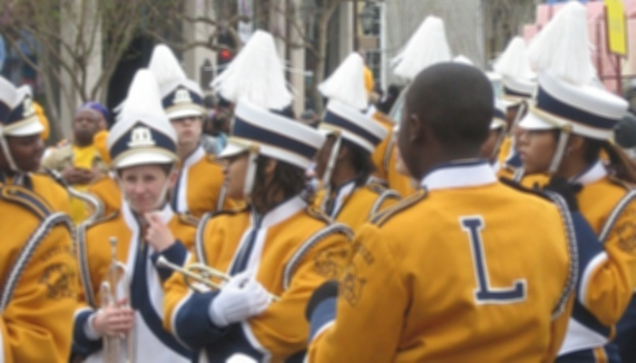 The Lutcher High School marching band prepares for a Mardi Gras parade in 2006