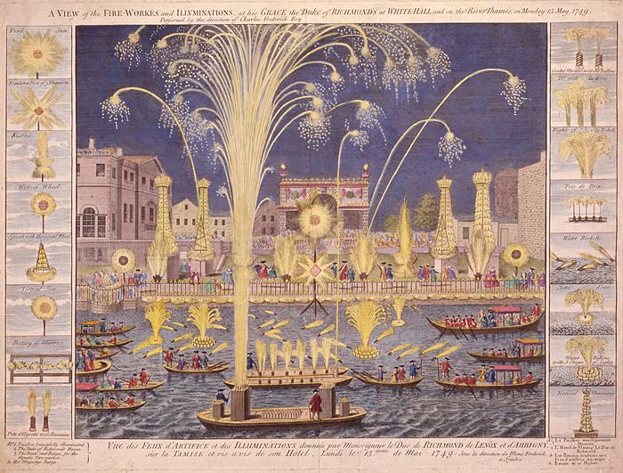 Hand-colored etching of the Royal Fireworks, May 15th, 1749