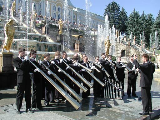 The Russian Horn Capella in front of the Peterhof Fountains, St. Petersburg